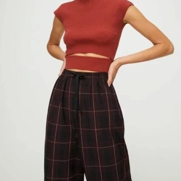WILFRED Aritzia Soleste Plaid Drawstring High Rise Pull-On Pant Sz XS - Picture 2 of 9